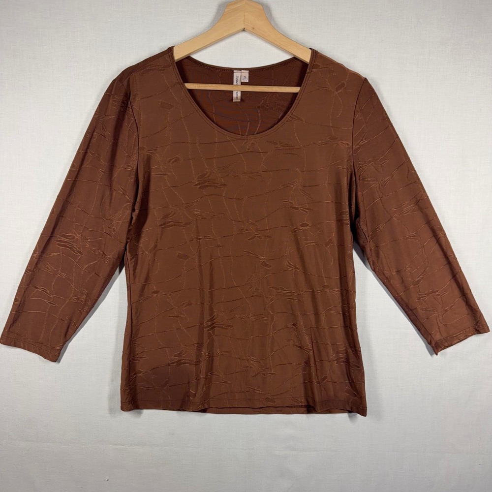 Susan Lawrence Blouse Women XL Brown Short Sleeve Embroidered Abstract USA Made